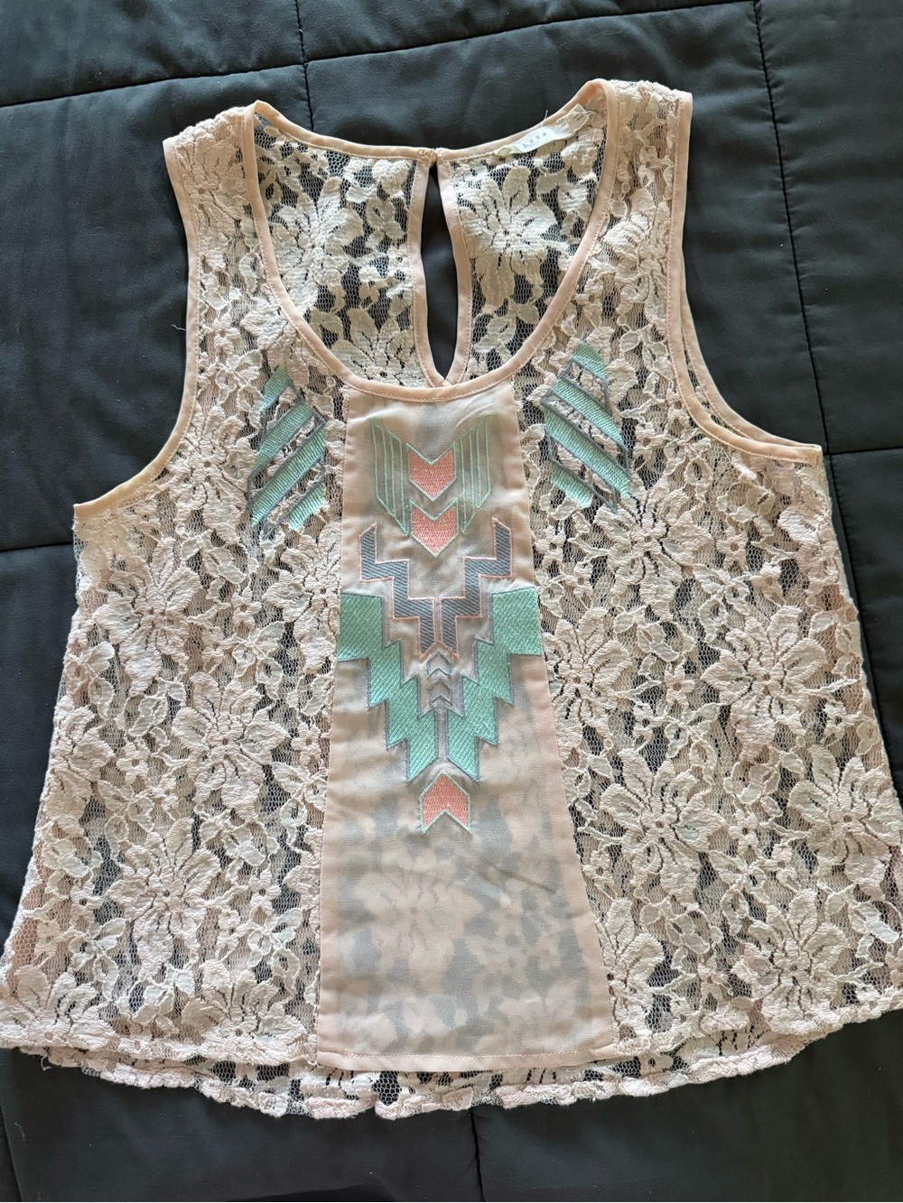 Lace Overlay Tank Top with Mint & peach Embroidery - Women S